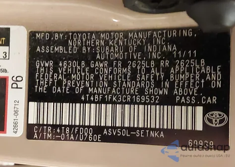 2012 Toyota Camry Le z USA, uszkodzony, nr VIN 4T4BF1FK3CR169532